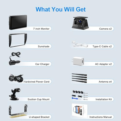 7" HD 1080P Magnetic Solar Wireless Backup Camera 1 Min DIY Install (Murky Black / 7-inch 2-Camera)