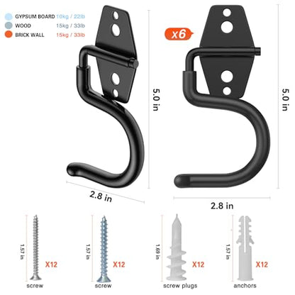 6 Pack Metal Garage Hooks (S Hook / Black S Hook)