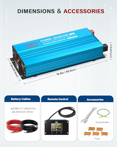 3000 Watt Inverter Pure Sine Wave DC 12V to 110V AC Power Inverters with 3 AC Charger Outlets (3000W - 12V / Blue)