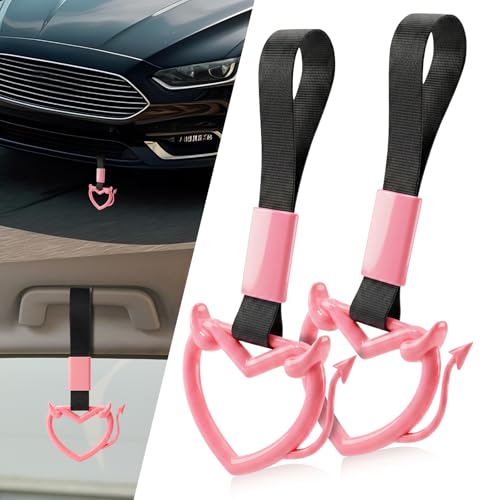 2 Pcs Devil Heart Shaped Car Handle Strap (Pink-Tail)