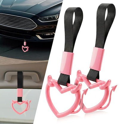 2 Pcs Devil Heart Shaped Car Handle Strap (Pink-Tail)