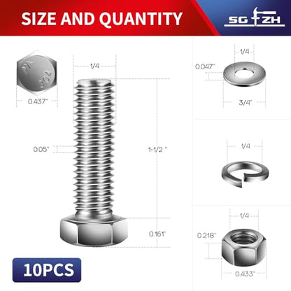 1/4-20 x 1-1/2" Hex Head Screw Bolt, Nuts, Flat & Lock Washers, 10Pcs 18-8 (304) Stainless Steel, Fully Threaded, by SG TZH (1/4-20 x 1-1/2" / Silver)