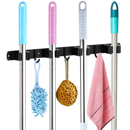 Mop and Broom Holder Wall Mounted (4 Racks and 3 Hooks)