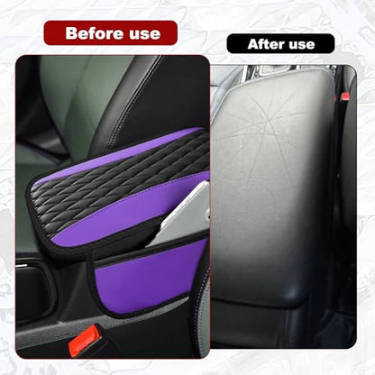 Leather Car Center Console Cover with Side Storage Pockets (Purple)