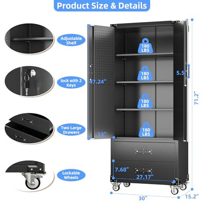 Rolling Storage Cabinet with 2 Doors and 2 Drawers (Black / 15.2"D x 30"W x 71.2"H)