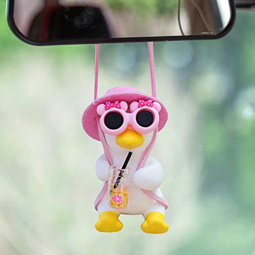Pink Car Accessories for Women Girl of Swinging Duck Car Hanging Ornament Cute Cool Decorations Rear View Mirror Hanging Accessories Pendant Charm (S)