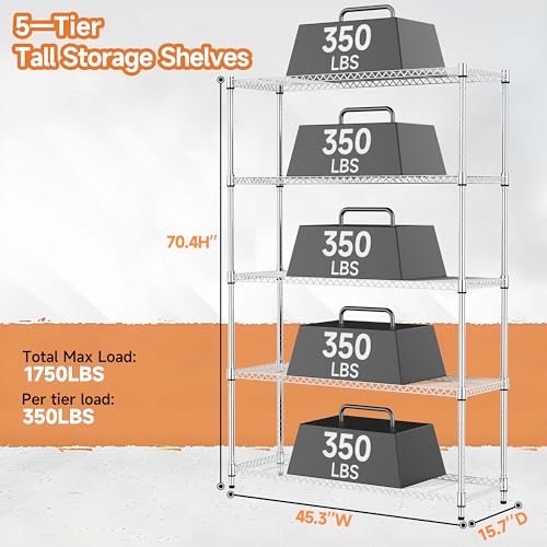 MZG 1750 lbs 5 Tier Storage Rack Metal Wire Shelving Unit (5 Tiers, 15.7"D x 45.3"W x 70.4"H / Chrome)