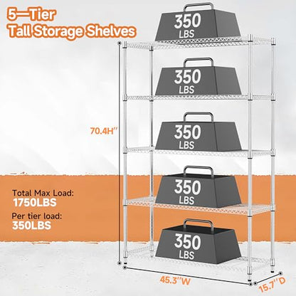 MZG 1750 lbs 5 Tier Storage Rack Metal Wire Shelving Unit (5 Tiers, 15.7"D x 45.3"W x 70.4"H / Chrome)