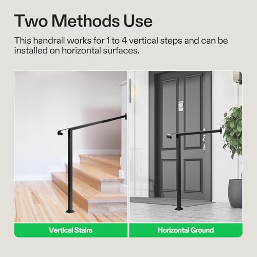 3 Step Stair Handrail 40"x39" Wrought Iron with 1 Curved End Black (Black / 3 Steps)