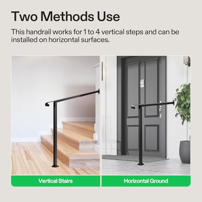 3 Step Stair Handrail 40"x39" Wrought Iron with 1 Curved End Black (Black / 3 Steps)