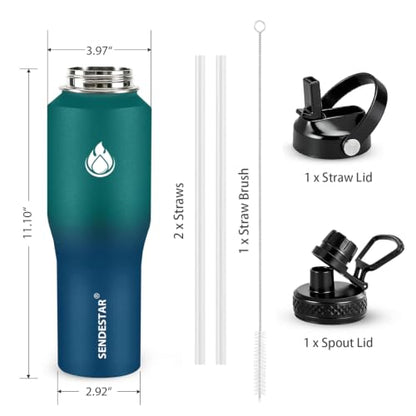 32oz Water Bottle Wide Mouth Stainless Steel Vacuum Insulated Double Wall with Straw Lids Fit in Any Car Cup Holder (Green & Blue / 32 Ounces)