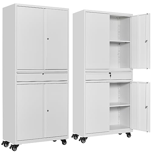 White Metal Storage Cabinet with Wheels and Drawer (73"H x 31.5"W x 16"D / White)