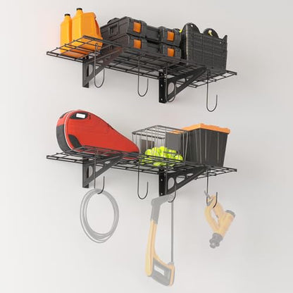 2 Pack 1x3 ft Garage Shelving with 8 Bike Hooks (Black / 2 pack-1x3 ft)