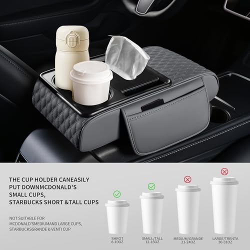 5-in-1 Car Center Console Armrest Cover Pad, Multifunctional Car Arm Rest Organizer with Cup Holder, Tissue Slot & Side Storage Pockets, Soft Leather Auto Armrest Cushion, Grey (Grey)