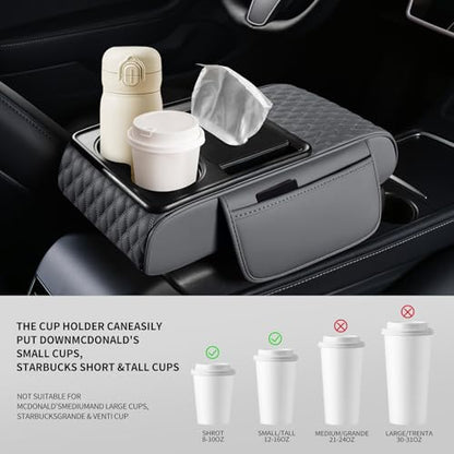 5-in-1 Car Center Console Armrest Cover Pad, Multifunctional Car Arm Rest Organizer with Cup Holder, Tissue Slot & Side Storage Pockets, Soft Leather Auto Armrest Cushion, Grey (Grey)