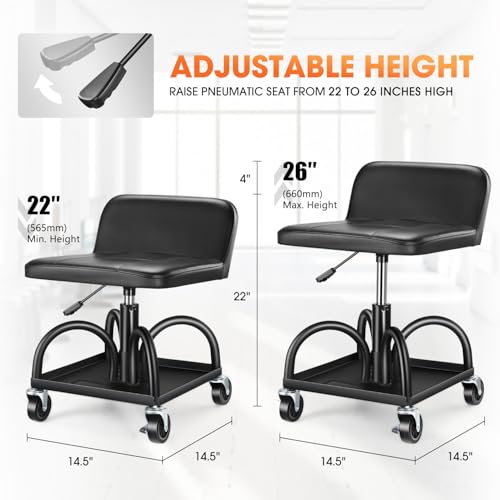 Rolling Padded Seat Adjustable Height Seat 330lbs Capacity Rolling Mechanic Creeper Stool (Square Tray Black)