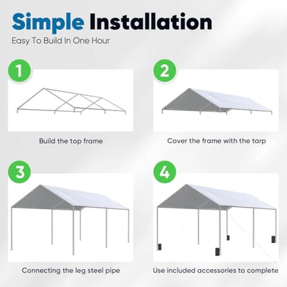 10x20 ft Heavy Duty Car Canopy Galvanized Frame Carport Outdoor Party Tent Boat Shelter with 3 Reinforced Steel Cables (Gainsboro / 10'x20')