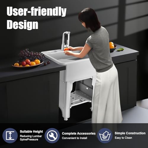Freestanding Utility Sink Plastic Wash Station with Storage Shelf Indoor (F / Gray-25.6*21.65*31.5in)