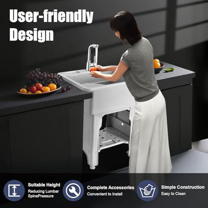 Freestanding Utility Sink Plastic Wash Station with Storage Shelf Indoor (F / Gray-25.6*21.65*31.5in)
