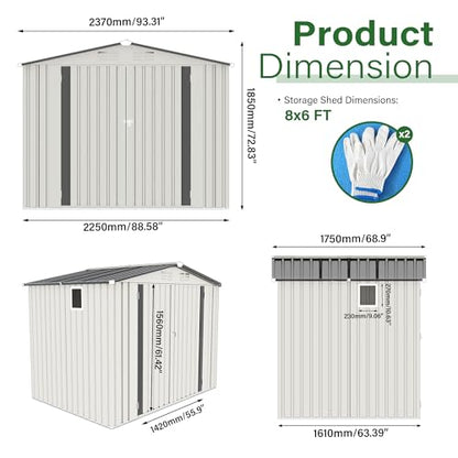 8x6 FT Outdoor Storage Shed with Windows (White+Gray / 8x6ft Standard)