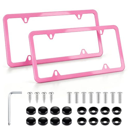 4 Holes Stainless Steel License Plate Frames (Pink)
