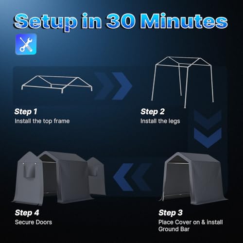 6x8 ft Outdoor Portable Storage Shelter Shed with 2 Roll up Zipper Doors & Vents Carport for Motorcycle Waterproof and UV Resistant Portable Garage Kit Tent (Dark Gray / 6'x8')