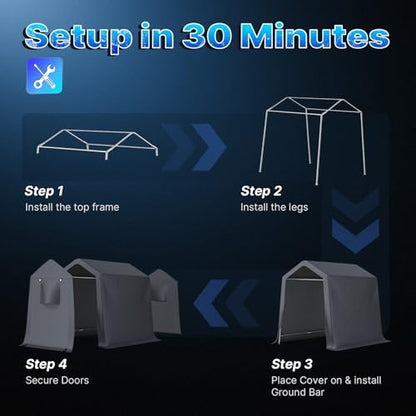 6x8 ft Outdoor Portable Storage Shelter Shed with 2 Roll up Zipper Doors & Vents Carport for Motorcycle Waterproof and UV Resistant Portable Garage Kit Tent (Dark Gray / 6'x8')