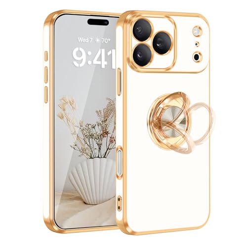 for iPhone 17 Pro Case 360° Rotatable Ring Holder Kickstand Shiny (For iPhone 17 Pro(6.3 inch,2025) / B-White)
