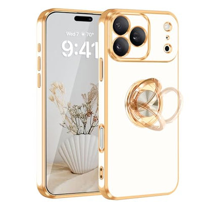 for iPhone 17 Pro Case 360° Rotatable Ring Holder Kickstand Shiny (For iPhone 17 Pro(6.3 inch,2025) / B-White)