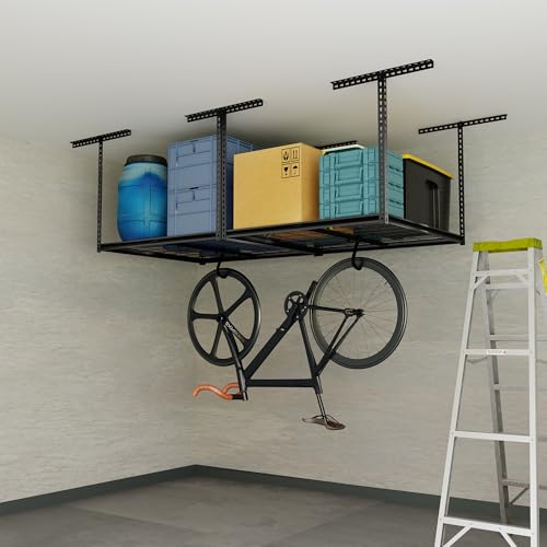The Atlas 4 x 8 ft Adjustable Height Overhead Garage Storage Rack 900 lbs Heavy Duty Capacity Hammertone Finish (900lbs - Hammertone)