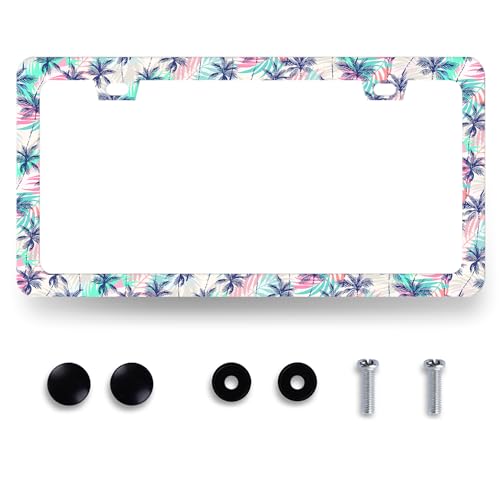 Palm Tree License Plate Frame Hawaii Tropical Leaves License Plate Holder (Plam Trees Colorful Tropical Leaves)