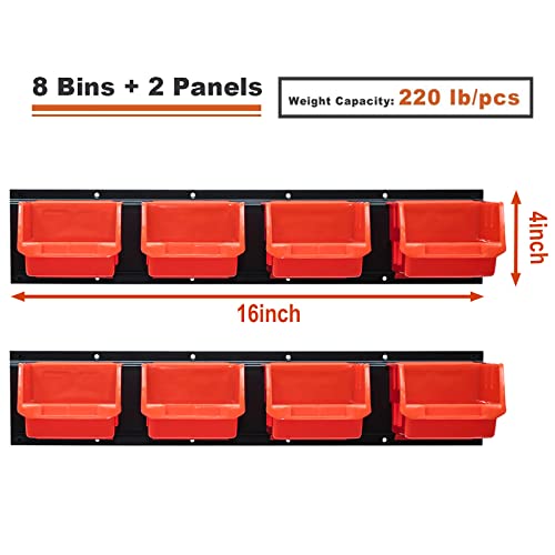 8 Bin Wall Mounted Plastic Storage Bins Hanging Organizer Bins (Orange / 8Bins+2Rails)