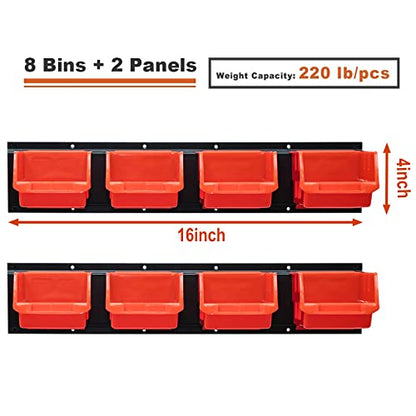 8 Bin Wall Mounted Plastic Storage Bins Hanging Organizer Bins (Orange / 8Bins+2Rails)