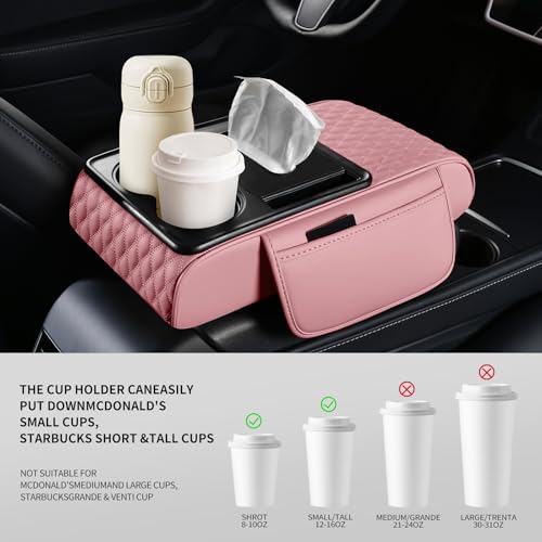 5-in-1 Car Center Console Armrest Cover Pad, Multifunctional Car Arm Rest Organizer with Cup Holder, Tissue Slot & Side Storage Pockets, Soft Leather Auto Armrest Cushion, Pink (Pink)