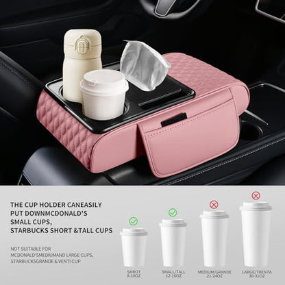 5-in-1 Car Center Console Armrest Cover Pad, Multifunctional Car Arm Rest Organizer with Cup Holder, Tissue Slot & Side Storage Pockets, Soft Leather Auto Armrest Cushion, Pink (Pink)