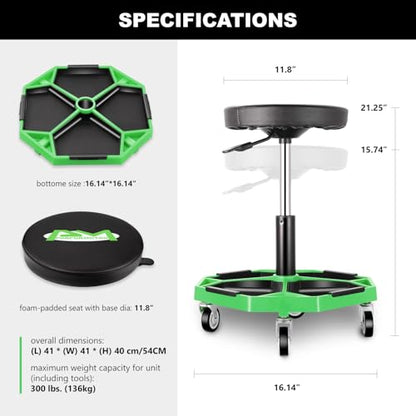 Adjustable Height Pneumatic Garage Seat Rolling Mechanic Stool with Tool Tray Storage (Green)