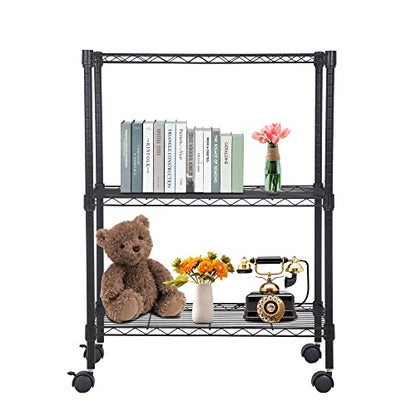 3 Tier Wire Shelf with Wheels (Black / 23"D x 13"W x 31"H)