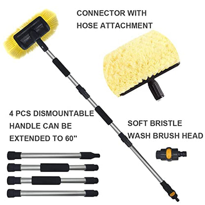 Car Wash Brush with Long Handle 12'' Lock Soft Bristle Brush car Scrub Brush 60'' Dismountable Pole with on