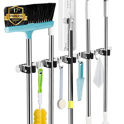 Broom Holder Wall Mount (5 Racks & 4 Hooks (Silver) - 1 Pack)