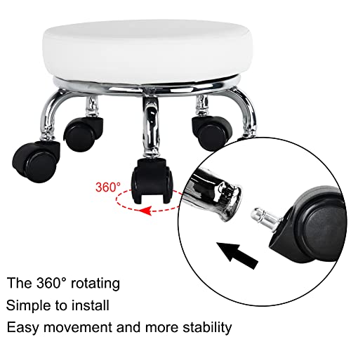 Modern Roller Seat PU Leather Low Round Rolling Stool 360° Swivel Small Seat with Universal Wheels Foot Stool for Home Office Garage Shop Fitness Sport H：8.6" （White） (White)