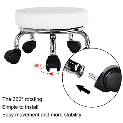 Modern Roller Seat PU Leather Low Round Rolling Stool 360° Swivel Small Seat with Universal Wheels Foot Stool for Home Office Garage Shop Fitness Sport H：8.6" （White） (White)