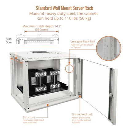 9U Wall Mount Rack Network Cabinet for 19" IT Equipment (9U/Glass Door / White)