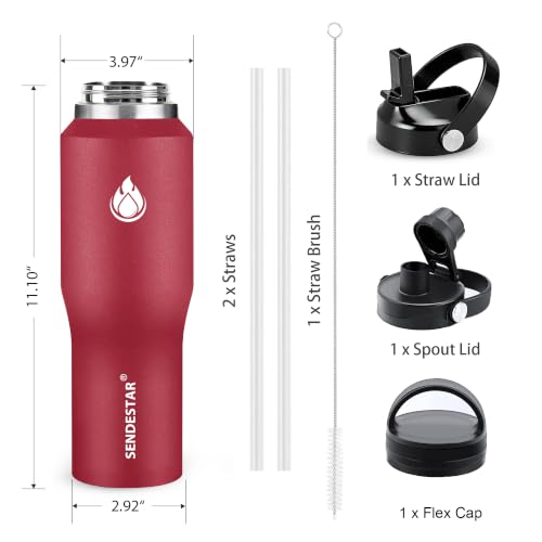 40oz Water Bottle Wide Mouth Stainless Steel Vacuum Insulated Double Wall with Straw Lids Fit in Any Car Cup Holder (Red / 40 Ounces)