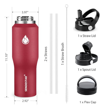 40oz Water Bottle Wide Mouth Stainless Steel Vacuum Insulated Double Wall with Straw Lids Fit in Any Car Cup Holder (Red / 40 Ounces)