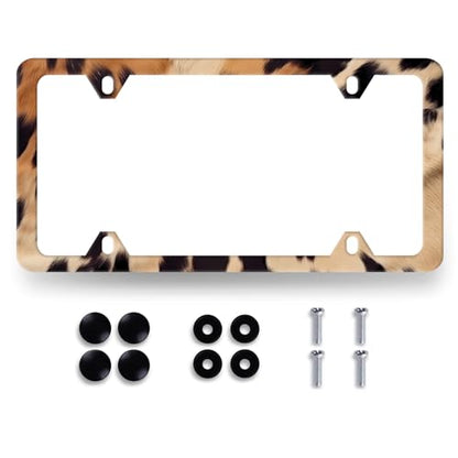 Brown Cow Print License Plate Frame Animal Spots License Holder with 4 Hole (Vintage Brown White Cows Print)