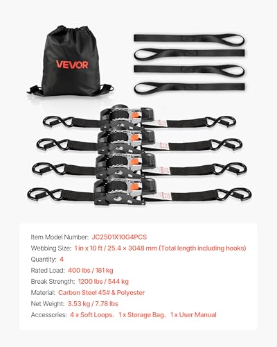 Retractable Ratchet Straps (1 in x 10 ft(4PCS))