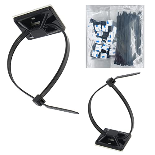 Strong Self Adhesive Wire Clips Cable Zip Tie Mounts 1" with 8 Inch Zipties Black UV Protection Outdoor 100 Pcs (1x1")