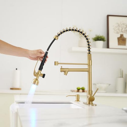 Commercial Kitchen Faucets with Pull Down Sprayer Brushed Gold LED (Brushed Gold)