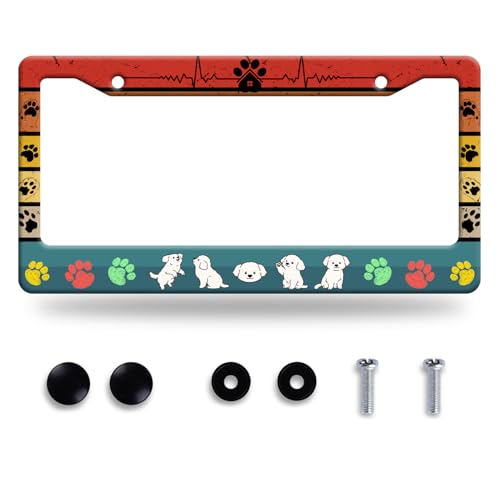 Funny Dog License Plate Frame Stainless Steel Car Accessory 6x12 Inch (Cute Dog With Paws Printed)