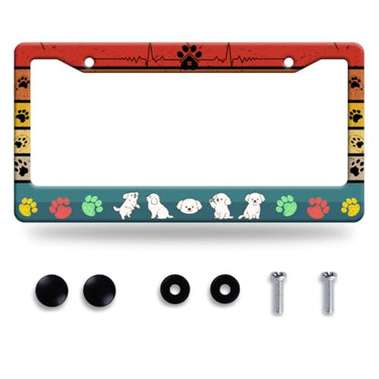 Funny Dog License Plate Frame Stainless Steel Car Accessory 6x12 Inch (Cute Dog With Paws Printed)
